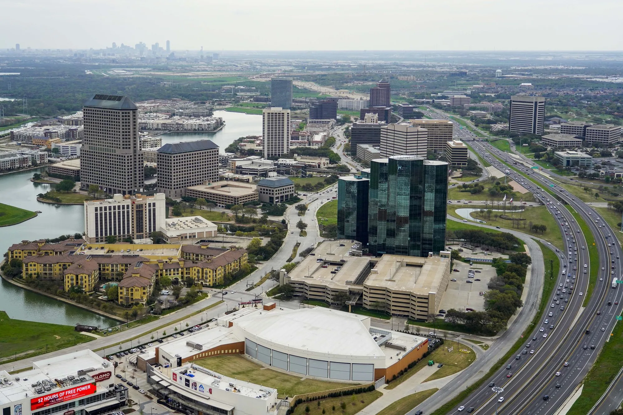 Aerial view of Las Colinas and the Dallas skyline in Irving, Texas